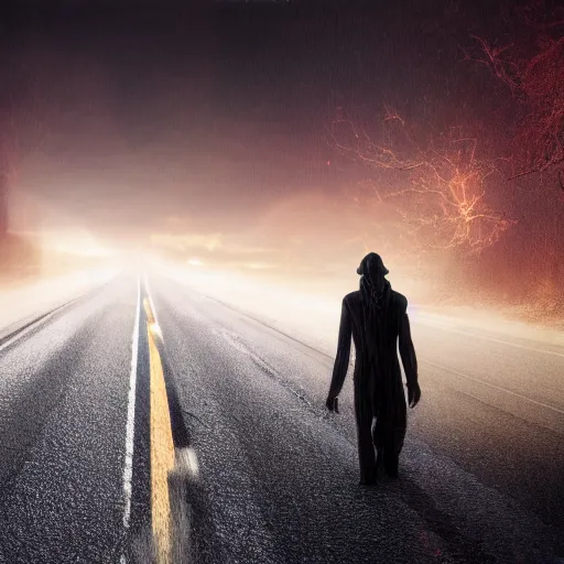 Prompt: high definition photo of nyarlathotep on a dark road, photorealistic, detailed, 8 k