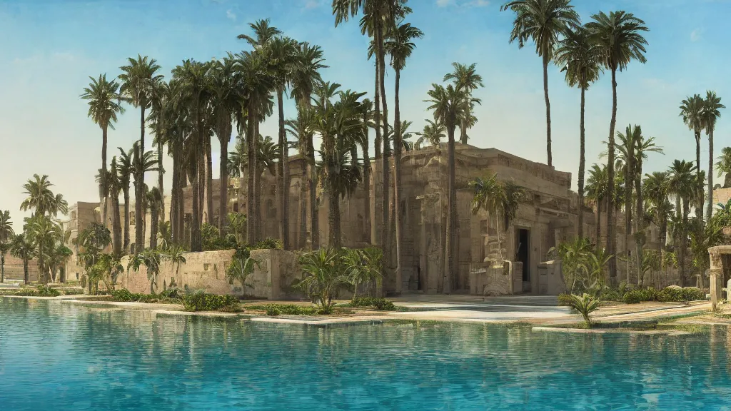 Prompt: an oil painting of the front of a new egyptian palace, with a small pool in front, exterior view, close - up, mid - day, palm trees and lush vegetation, hieroglyphs on the buildings, ray - traced reflections of the buildings and trees in the water