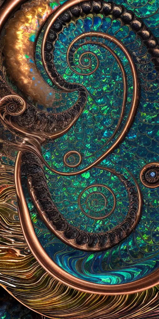 Image similar to cinematic landscape, art nouveau cresting oil slick waves, ammonite, bubbles in a shiny iridescent oil slick wave, black opals, ornate copper patina art nouveau spiral ornament, rococo, organic rippling spirals, hyperdetailed photorealistic ultrasharp octane render