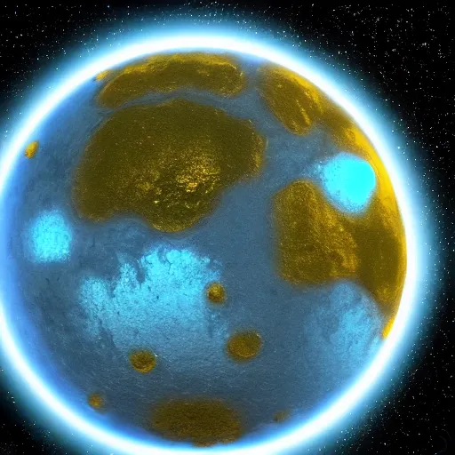 Image similar to realistic photo of a rocky alien planet with water in the dark space seen from an space probe, with blue and yellow continents, unreal engine, blender