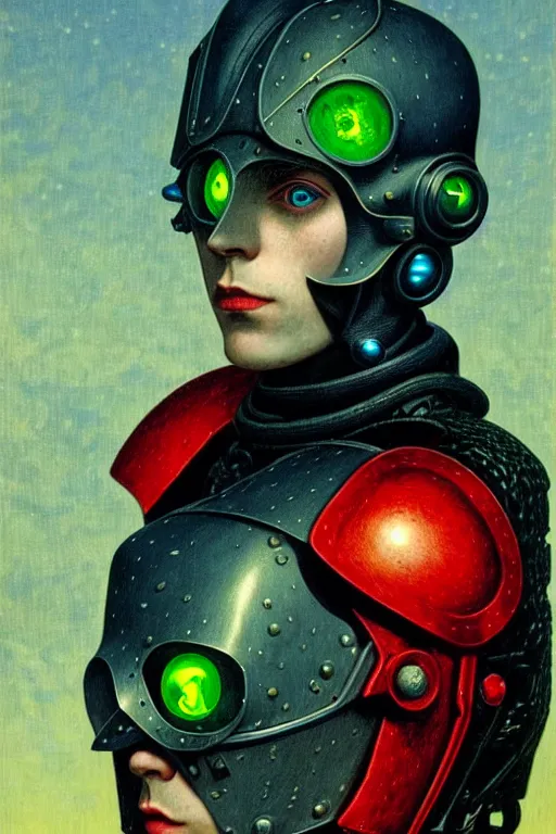 Image similar to portrait of beautiful gothic and futuristic young man, warhammer, cyber armor, a lot of scars, thunderstorm, blue head, red eyes, some green, the middle ages, highly detailed, artstation, illustration, more and more compostion, 8 k quality, art by rene magritte, jean delville