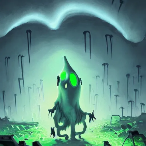 Image similar to a being of green ghostly viscous slime ooze making its way through abandoned midnight suburban streets, inevitable doom, concept art, goosebumbs novel cover, wisp lights, rhads,