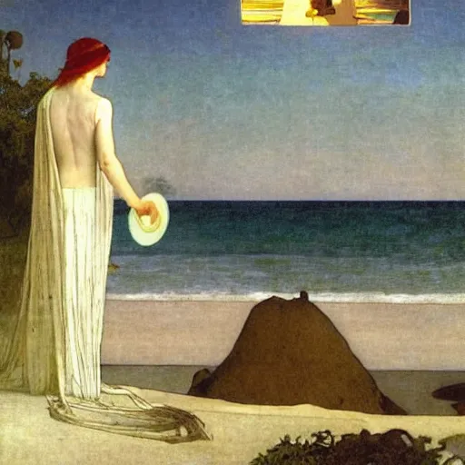 Image similar to The beach castle, sail boat on the background, major arcana palace occult, by paul delaroche, alphonse mucha and arnold böcklin arnold böcklin hyperrealistic 8k, very detailed