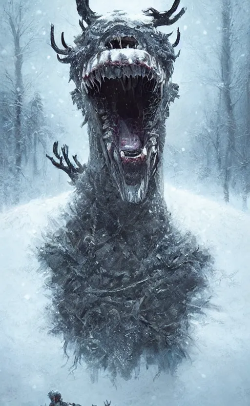 Image similar to portrait of a frozen monster creature, in a snowy field, teeth, fantasy, highly detailed, cinematic lighting, digital art painting by greg rutkowski