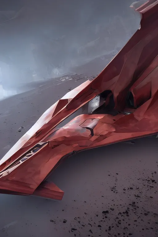 Image similar to professional photograph of a crashed neo - futuristic simplified symmetrical stealth fighter by ilm, denis villeneuve, emmanuel shiu, zaha hadid, dust, vapor, cinematic desert scene, red paint detail, manga, dramatic, volumetric, concept art, hard surface, hyperrealism, high detail, trending on artstation, sharp focus, rendered in octane