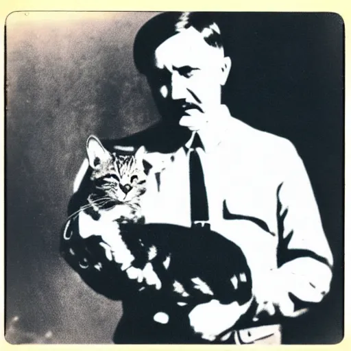 Image similar to polaroid of hitler holding a cat, dramatic backlighting