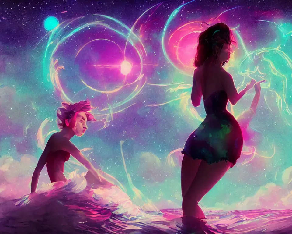 Image similar to beautiful fantastical girl standing in a lake basking in the moonlight, casting a spell, under a multi-colored binary blackhole with an accretion disc, glowing trails following her arms, wearing professional makeup, synthwave, by Lois van Baarle, by Greg Rutkowski, by artgerm, by beeple, by studio ghibli, cinematic angle, volumetric lighting, 4k resolution, octane render, trending on artstation, masterpiece