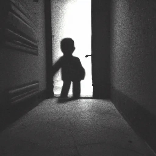 Image similar to insane nightmare, no light, everything is blurred, creepy shadows, someone is peeking out from the corner , very poor quality of photography, 2 mpx quality, grainy picture