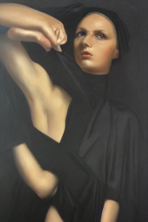 Prompt: hyperrealism oil painting, close up figure fully clothes in black reflect robe, complete darkness, in style of classicism mixed with 8 0 s sci - fi hyperrealism