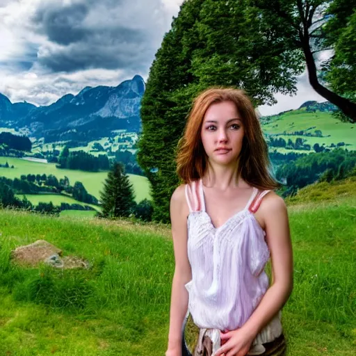 Image similar to a beautiful photograph of a girl with switzerland landscape in the background with trees, hdr, 8 k, high quality, sharp focus, artstation, highly detailed, award - winning, dramatic lighting, beautiful clouds, and nature