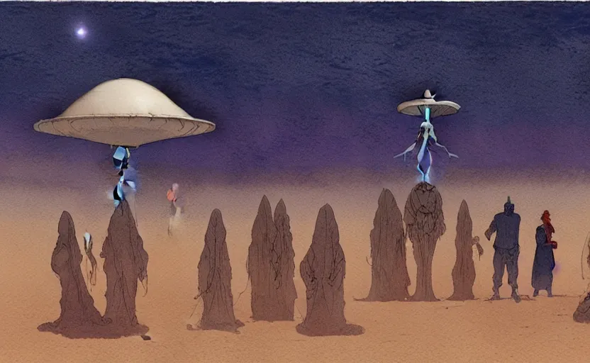 Image similar to a hyperrealist watercolour character concept art portrait of a 1 0 ft. tall thin alien with a high forehead on a misty night in the desert. a small group of people are watching from the foreground. a ufo is in the background. by rebecca guay, michael kaluta, charles vess and jean moebius giraud