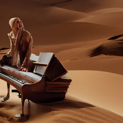 Image similar to UHD candid photo of The Mummy playing piano, with accurate wrappings, UHD, photorealistic, correct sand dune, real piano, photo by Annie Leibowitz