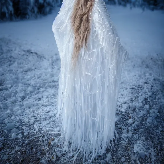 Image similar to photo of a real life beautiful ice queen with ornate cloak, 4 k, hdr, smooth, sharp focus, high resolution, award - winning photo