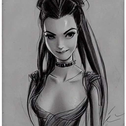 Image similar to milt kahl sketch of victoria justice with done up hair, tendrils and ponytail as princess padme from star wars episode 3