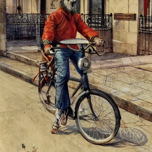 Image similar to a food delivery guy on his bicycle at the streets of Lisbon, art by Stephen Hickman