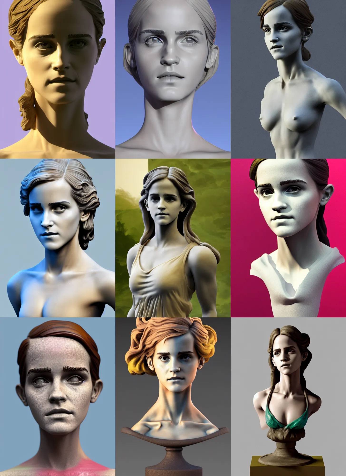 Prompt: 3D print resin sculpture of Emma Watson by Jean-Baptiste Carpeaux and Luo Li Rong, beautiful muscular body, perfect symmetrical face, colorful, fresh colors, half length shot, elegant, academic art, realistic, 8K, Product Introduction Photo, Hyperrealism. Subsurface scattering, raytracing, soft light, Octane Render, Redshift, Zbrush, simple background