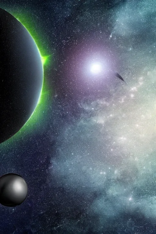 Prompt: a hyper realistic black sphere surrounded by green lightning and mist in the middle of the galaxy