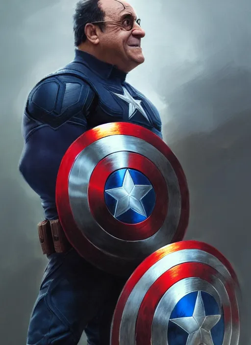 Image similar to Portrait of Danny Devito as Captain America, He is Holding his shield while posing, realistic, detailed, 4k by Greg Rutkowski Mark Arian trending on artstation