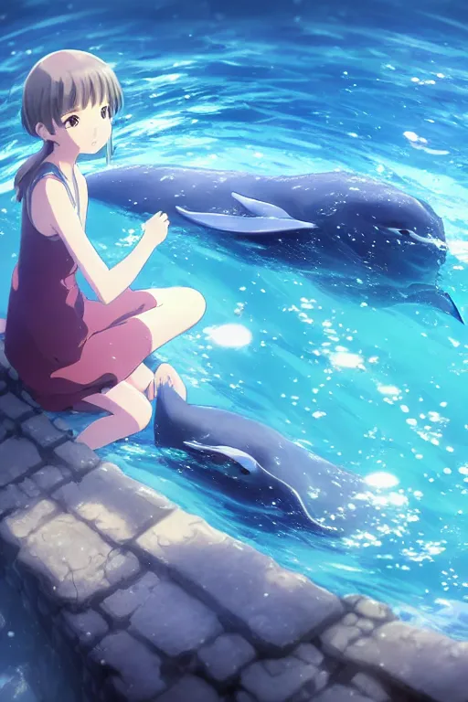 Image similar to a panorama view under the water, anime art full body portrait character concept art, hyper detailed cg rendering of a cute girl and whale, anime key visual of children of the sea, finely detailed perfect face, style of raphael lacoste, makoto shinkai, violet evergarden, studio ghibli, james jean, hayao miyazaki, extremely high quality artwork
