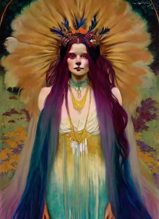 Image similar to ombre velvet gown, feathers, vivid colors, lovely dark autumn princess, portrait, long hair, tiara, jeweled choker, by alphonse mucha, brom, greg rutkowski, anato finnstark, global illumination, radiant light