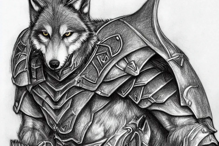 Image similar to a pencil drawing of a wolf, full body, D&D, armor, made by by Pen Tacula