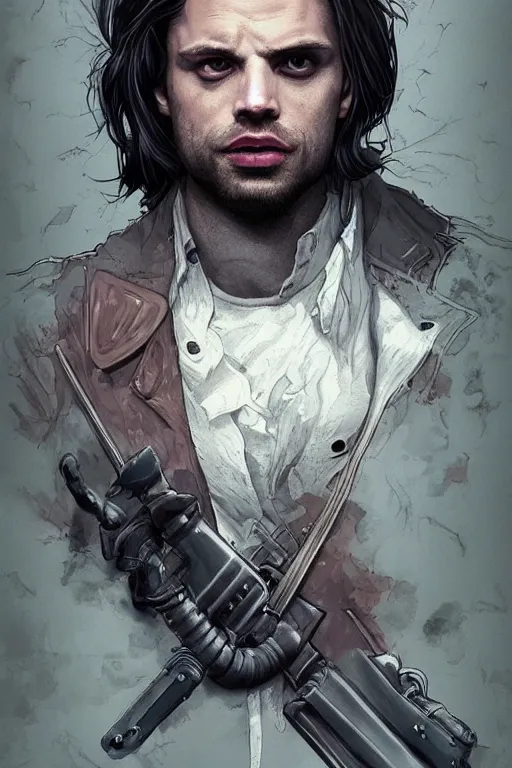 Prompt: sebastian stan in sleepy hollow, full body, big two toned eyes, teeth gritted, horror, intricate details, cinematic, epic, realistic, anatomy, tomer hanuka, uplight, artstation, photorealistic, scary