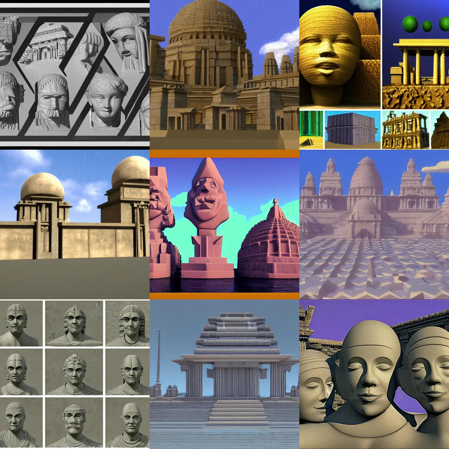 Prompt: still from a 1 9 8 5 3 d computer animation, faces, geometric shapes, temples, spheres, statues, water, clouds