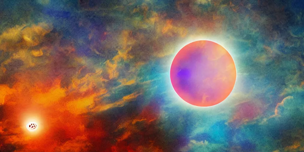 Image similar to a solar eclipse in the sky above ancient babylon ablaze, a single observer in the foreground, thick impasto paint, double exposure, Chromatic Aberration