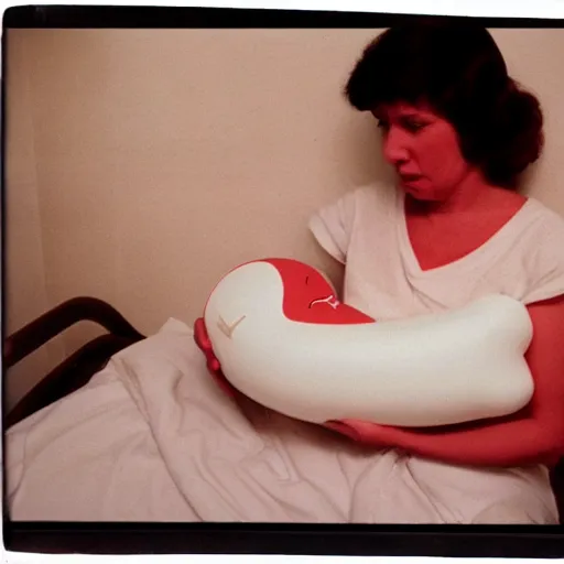 Image similar to woman who has given birth to a squishy inflatable baby, in hospital bed, French film, archival footage, technicolor film expired film, 16mm