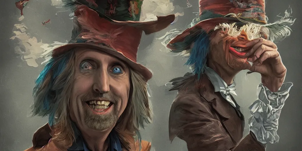 Image similar to tom petty as the mad hatter, contrast, kim jung gi, greg rutkowski, zabrocki, karlkka, jayison devadas, trending on artstation, 8 k, ultra wide angle, zenith view, pincushion lens effect