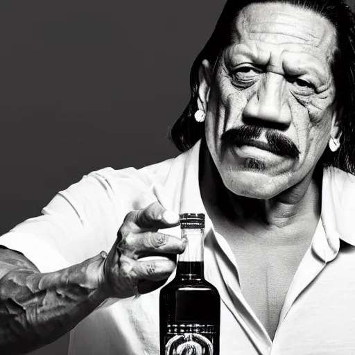 Prompt: danny trejo looking at the bottle of tequila, sharp lines, realistic photography, character focus, simple background