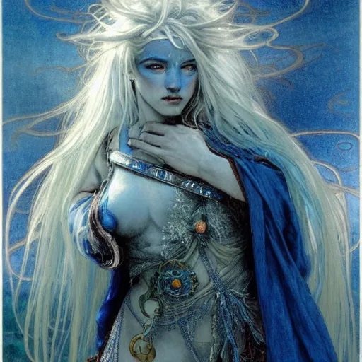 Prompt: half - length portrait of a female lightning genasi with blue skin and white hair made of sirrus clouds, full white robes, medieval, fantasy, d & d, luis royo, klimt, alphonse mucha