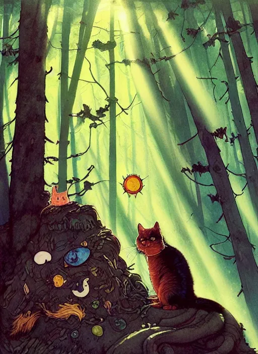 Image similar to a hyper realistic ink cat and the meaning of life and sunbeams blue sky, lush forest comic painting by chiara bautista and norman rockwell and greg rutkowski weta studio, and lucasfilm