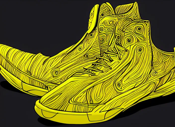 Image similar to sneaker concept, wth short golden lines, yellow details, highly detailed, digital art, sharp focus, trending on art station, anime art style