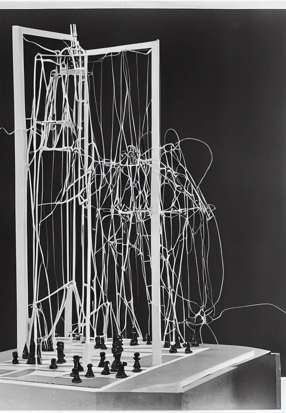 Image similar to a chess - piece building machine, minimal white machinery with cables, a surrealist sculpture by marcel duchamp, archival pigment print, 1 9 1 4, conceptual art, artwork, academic art, surrealist, fluxus