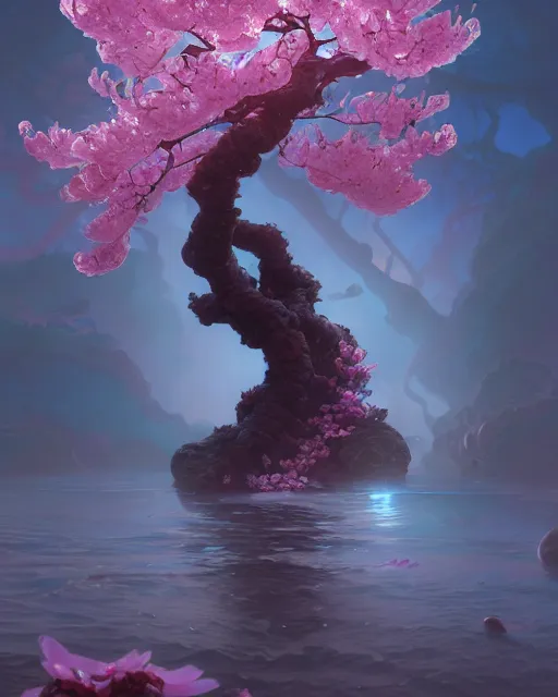 Image similar to one singular matte painting of a wet bioluminescent cherry blossom, highly detailed, digital painting, cinematic, hyper realism, dark retrowave, art by stanley lau and artgem and magali villeneuve and alphonse mucha, artstation, octane renderer, cgsociety