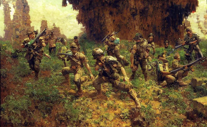 Image similar to soldiers being killed by fantasy minecraft creeper, painting by Gaston Bussiere, Craig Mullins