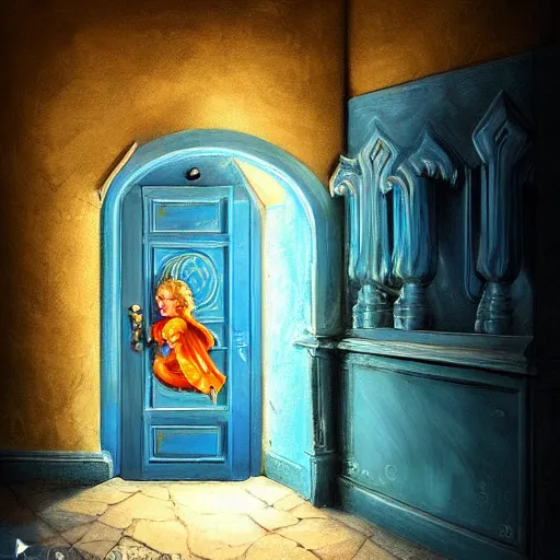 Prompt: a magical bright blue genie in a door way, classic art, trending on art station, masterful, detailed, complex