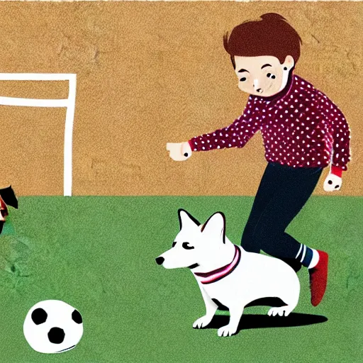 Image similar to illustration of french boy in paris playing football against a corgi, the corgi is wearing a polka dot scarf