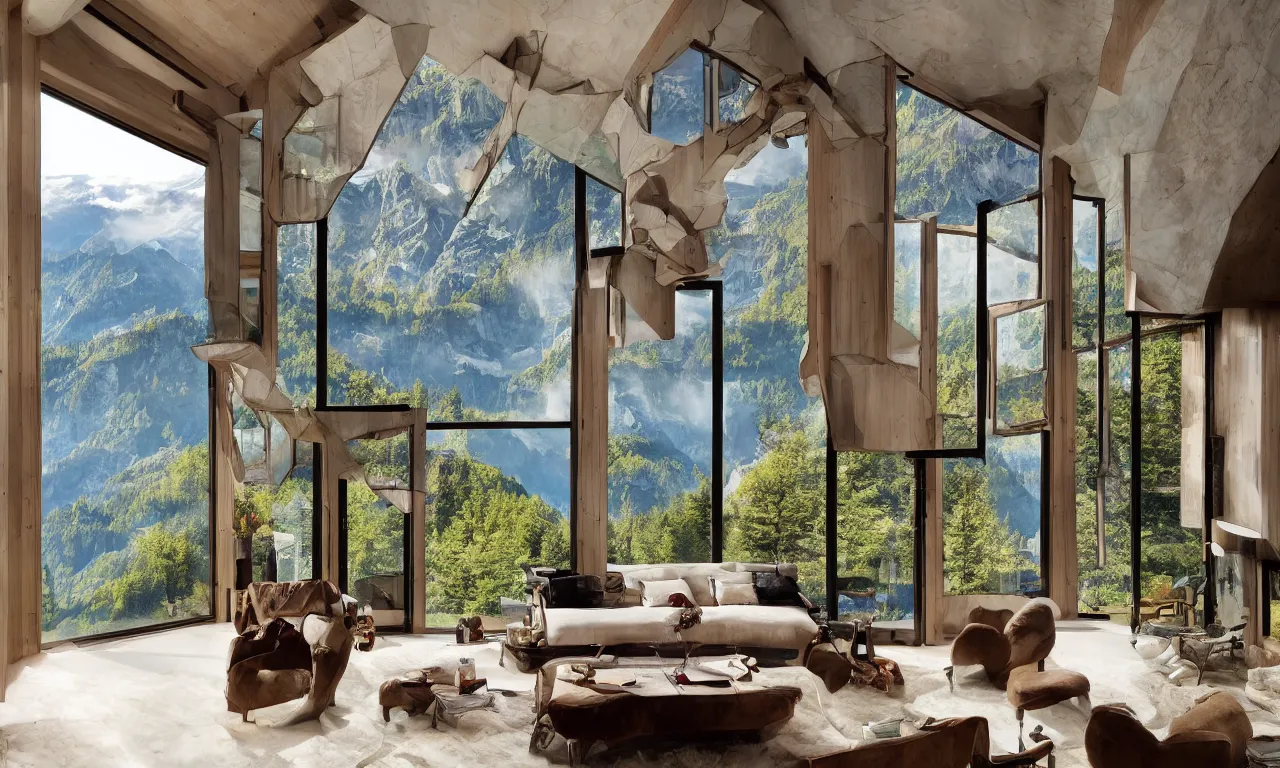 Image similar to fantastical living room with switzerland landscape in the window