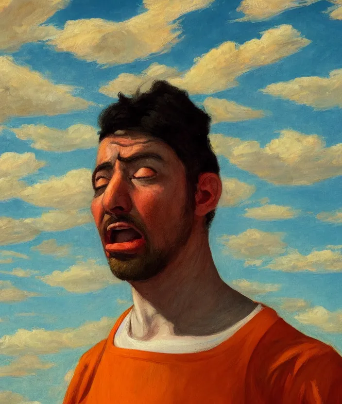Image similar to a closeup portrait of a man in an orange prisoner overall, standing in beautiful sunflower field, screaming and sad, highly detailed, aesthetic clouds in the sky, in the style of edward hopper, very fine brush strokes, 4 k,