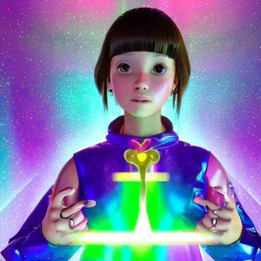 Prompt: 35mm macro shot portrait of an extremely cute and adorable Cyberpunk Prismatic Spectrum Cosmic Magical Girl Dora The Explorer from the Rainbow Sky Paradise playing Dance Dance Revolution at Eurovision and Tomorrowland, large piercing eyes, smirk, ambient occlusion, DAZ, cinematic lighting, 3D render, unreal engine 5, professional graflex photograph, flat vector art background, still from The Lord of The Rings reboot directed by Mark Ryden and Artgerm