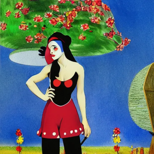 Image similar to impressionist floating technological witch's garden flower puffin punk album cover entree cherry tree, by joan miro and joe jusko and moosa al halyan, 4 k, concept art, watercolor