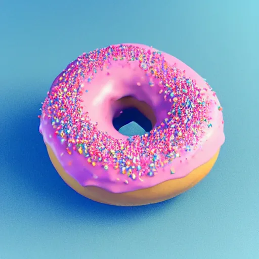 Prompt: 3 d render of a donut with pink icing and sprinkles flying with wings. light blue background