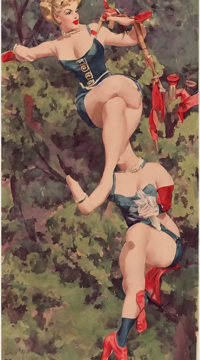 Image similar to full body pin up post war dressing a military unioform,with a park in the back ground, water color, Gil Elvgren style