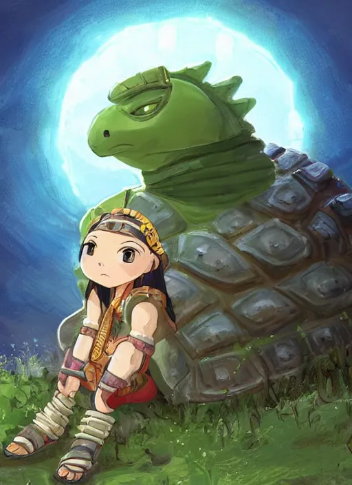 Image similar to portrait of a little warrior girl character sitting on top of a giant armored turtle with a big smiling face in the desert, studio ghibli epic character with dark skin and beautiful green eyes, very beautiful detailed symmetrical face, long black hair, bright colors, diffuse light, dramatic landscape, fantasy illustration
