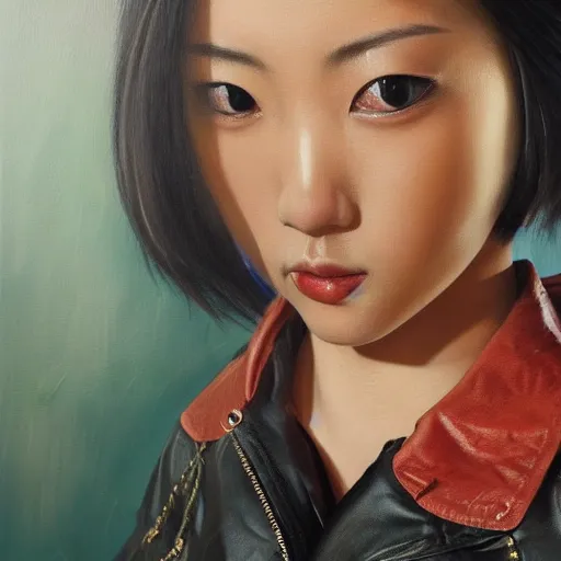 Image similar to perfect, realistic oil painting of close-up japanese young woman wearing leather jacket, in Fallout