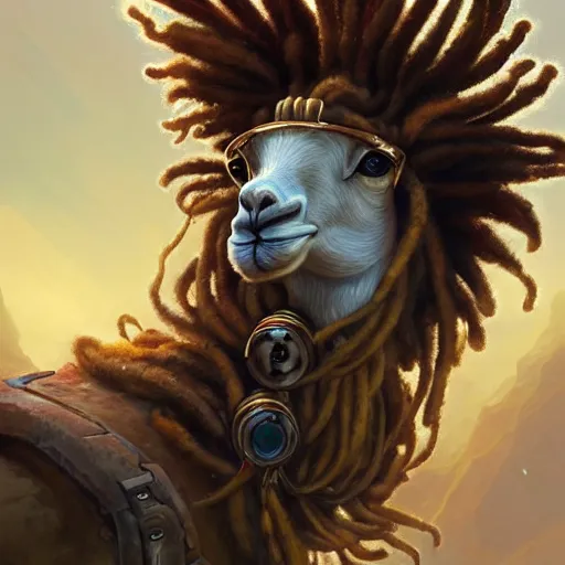 Prompt: llama with dreadlocks, heroic pose, industrial sci-fi, by Mandy Jurgens, Ernst Haeckel, James Jean, artstation, concept art