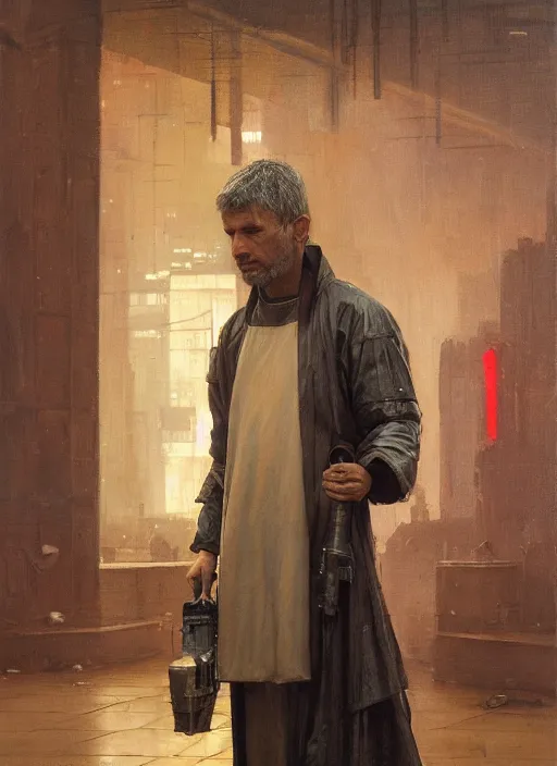 Prompt: futuristic cyberpunk beggar priest wearing an old raincoat ( blade runner 2 0 4 9, cyberpunk 2 0 7 7 character design ). orientalist portrait by john william waterhouse and james gurney and theodore ralli and nasreddine dinet, oil on canvas. cinematic, hyper realism, realistic proportions, dramatic lighting, high detail 4 k