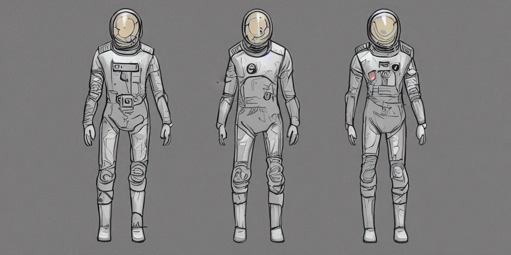 Prompt: male, fully body, elongated figure, science fiction space suit with a helmet, large shoulders, short torso, long thin legs, tiny feet, character sheet, funko, digital sketch, hyperdetailed, dieselpunk, stylized character design, concept design